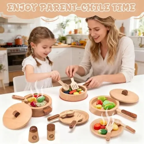 WHOHOLL Play Kitchen Accessories, Wooden Kitchen Set for Kids Ages 3-5 - Montessori Cooking Toys with Toy Pots and Pans (Large) - 5
