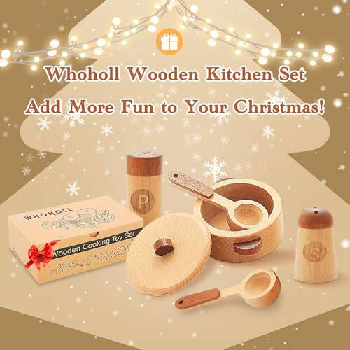 WHOHOLL Wooden Toys Play Kitchen Accessories, Montessori Toys for 1 2 3 4 5 + Years Old Toddlers, Toy Kitchen Play Dishes & Play Food Playset, Birthday Sets for Kids Girls Boys - 6