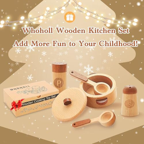 WHOHOLL Wooden Toys Play Kitchen Accessories, Montessori Toys for 1 2 3 4 5 + Years Old Toddlers, Toy Kitchen Play Dishes & Play Food Playset, Birthday Sets for Kids Girls Boys - 6