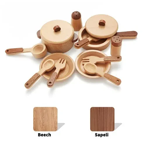WHOHOLL Wooden Toys Play Kitchen Accessories, Montessori Toys for 1 2 3 4 5 + Years Old Toddlers, Toy Kitchen Play Dishes & Play Food Playset, Birthday Sets for Kids Girls Boys - WHOHOLL (1)