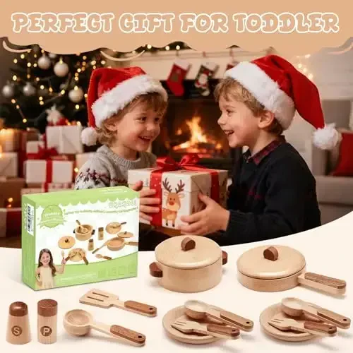 WHOHOLL Wooden Toys Play Kitchen Accessories, Montessori Toys for 1 2 3 4 5 + Years Old Toddlers, Toy Kitchen Play Dishes & Play Food Playset, Birthday Sets for Kids Girls Boys - 2