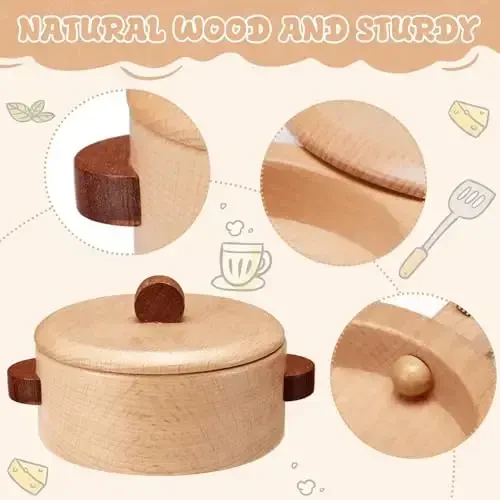 WHOHOLL Wooden Toys Play Kitchen Accessories, Montessori Toys for 1 2 3 4 5 + Years Old Toddlers, Toy Kitchen Play Dishes & Play Food Playset, Birthday Sets for Kids Girls Boys - 3