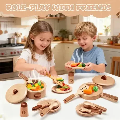 WHOHOLL Wooden Toys Play Kitchen Accessories, Montessori Toys for 1 2 3 4 5 + Years Old Toddlers, Toy Kitchen Play Dishes & Play Food Playset, Birthday Sets for Kids Girls Boys - 6