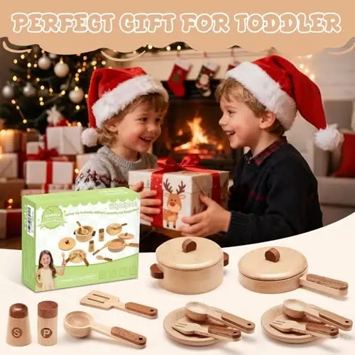 WHOHOLL Wooden Toys Play Kitchen Accessories, Montessori Toys for 1 2 3 4 5 + Years Old Toddlers, Toy Kitchen Play Dishes & Play Food Playset, Birthday Sets for Kids Girls Boys - 2