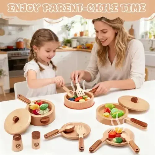 WHOHOLL Yog'och O'yinchoq Oshxona Aksessuarlari, Montessori O'yinchoqlari 1 2 3 4 5 + Yoshli Go'daklar Uchun, O'yinchoq Oshxona O'yin Idish-tovoqlar & O'yin Taom To'plami, Bolalar Qizlar O'g'illar Uchun Tug'ilgan Kun To'plamlari - 5