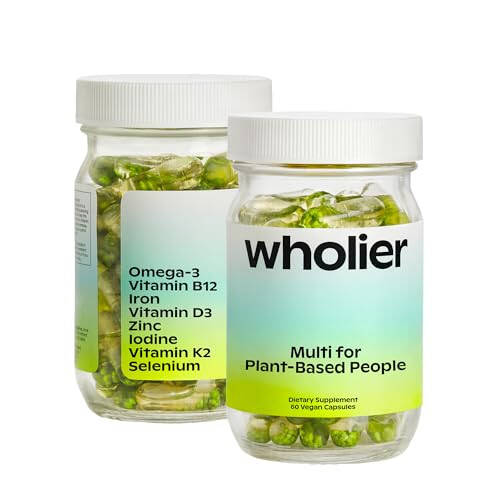 Wholier Plant Based Multivitamin Vegan Omega-3 DHA EPA, Vitamin D, Vitamin B12, Zinc, Vitamin K2, Iron, Iodine, Selenium. 60 Count (30-Day Supply) Glass Bottle - 1