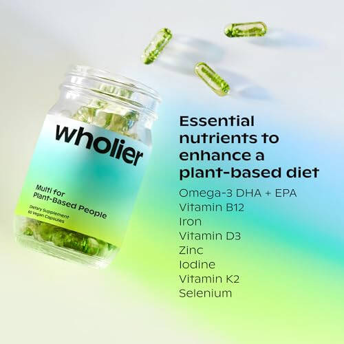 Wholier Plant Based Multivitamin Vegan Omega-3 DHA EPA, Vitamin D, Vitamin B12, Zinc, Vitamin K2, Iron, Iodine, Selenium. 60 Count (30-Day Supply) Glass Bottle - 2