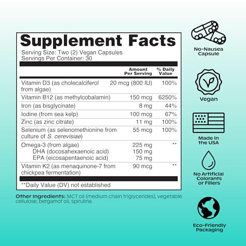 Wholier Растительный Мультивитаминный Комплекс Vegan Omega-3 DHA EPA, Витамин D, Витамин B12, Цинк, Витамин K2, Железо, Йод, Селен. 60 Таблеток (30-дневная Доставка) Стеклянная Бутылка - 6