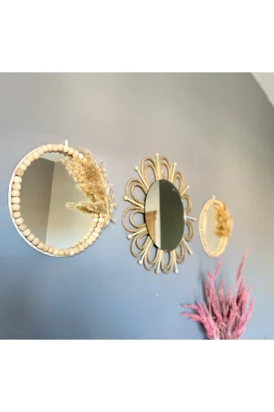 Wicker Woven Daisy and Bead Mirror Wall Decoration Set of 3 - KATTUNA