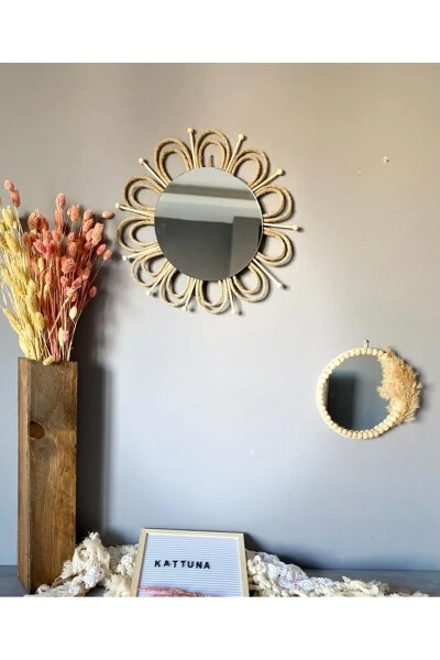 Wicker Woven Daisy and Bead Mirror Wall Decoration Set of 3 - KATTUNA (1)