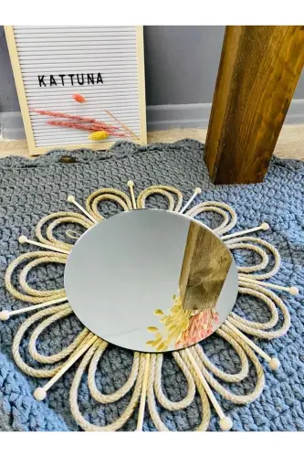 Wicker Woven Daisy and Bead Mirror Wall Decoration Set of 3 - 7