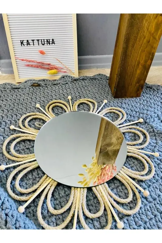 Wicker Woven Daisy and Bead Mirror Wall Decoration Set of 3 - 7