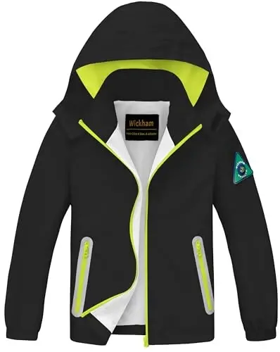 WICKHAM Boys Girls Waterproof Rain Jacket Detachable Hood Lightweight Raincoats for Kids Windbreaker Coat 
