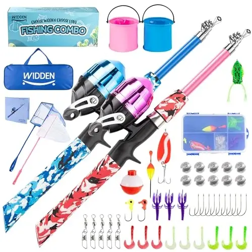 WIDDEN Kids Fishing Pole, Portable Telescopic Kids Fishing Poles for Boys and Girls, Fishing Rod and Reel Combo Kit with Tackle Box, and Fishing Net, Best Fishing Pole for Toddler Youth 