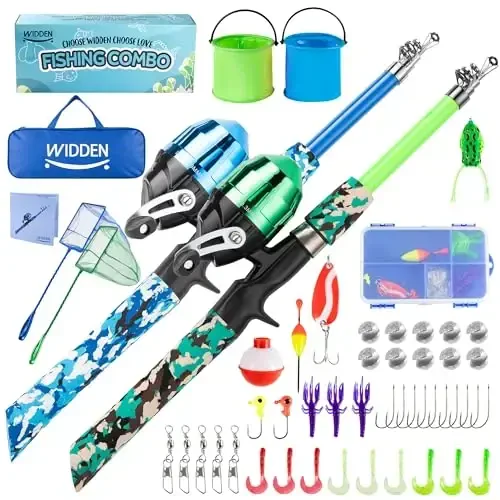 WIDDEN Kids Fishing Pole, Portable Telescopic Kids Fishing Poles for Boys and Girls, Fishing Rod and Reel Combo Kit with Tackle Box, and Fishing Net, Best Fishing Pole for Toddler Youth 