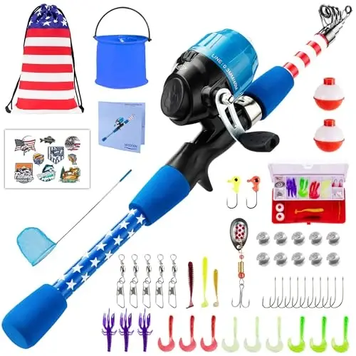 WIDDEN Kids Fishing Pole - Portable Telescopic Fishing Rod Set with Spincast Reel, Net, Bucket and Tackle Box - Patriotic American Flag Fishing Gear for Boys Girls Youth - 4th of July Gift 