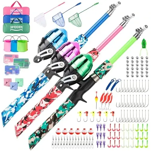 WIDDEN Kids Fishing Pole, Portable Telescopic Kids Fishing Poles for Boys and Girls, Fishing Rod and Reel Combo Kit with Tackle Box, and Fishing Net, Best Fishing Pole for Toddler Youth 