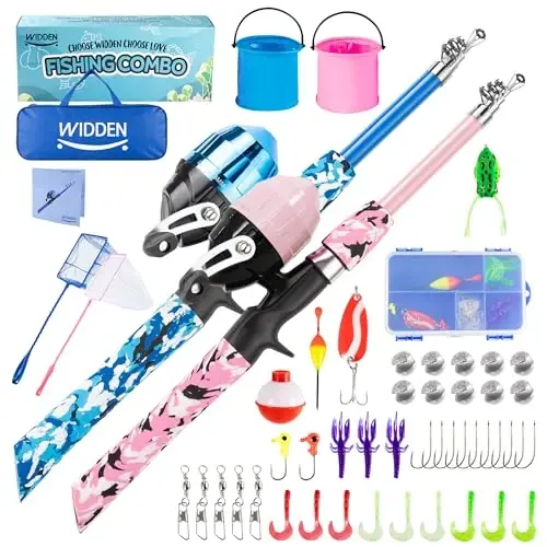 WIDDEN Kids Fishing Pole, Portable Telescopic Kids Fishing Poles for Boys and Girls, Fishing Rod and Reel Combo Kit with Tackle Box, and Fishing Net, Best Fishing Pole for Toddler Youth 