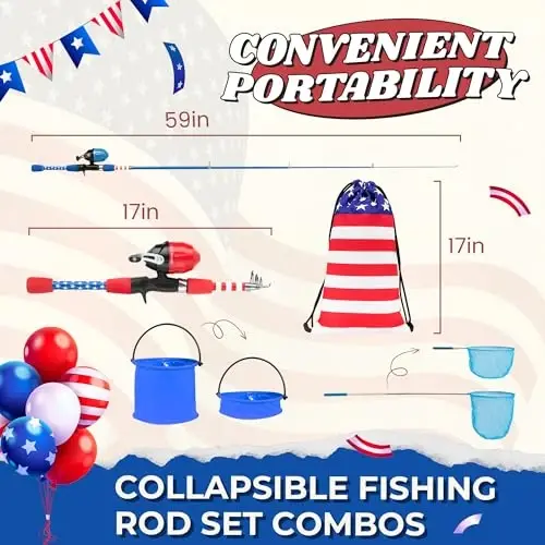WIDDEN Kids Fishing Pole - Portable Telescopic Fishing Rod Set with Spincast Reel, Net, Bucket and Tackle Box - Patriotic American Flag Fishing Gear for Boys Girls Youth - 4th of July Gift - WIDDEN (1)