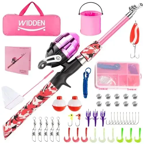 WIDDEN Kids Fishing Pole, O'g'il va qizlar uchun portativ teleskopik bolalar uchun baliq ovlash qarmoqlari, Tackle Box bilan baliq ovlash qarmoq va g'altak kombinatsiyasi va baliq ovlash to'ri, Toddler yoshlari uchun eng yaxshi baliq ovlash qarmoq 