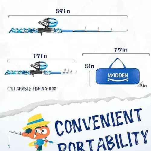WIDDEN Kids Fishing Pole, O'g'il va qizlar uchun portativ teleskopik bolalar uchun baliq ovlash qarmoqlari, Tackle Box bilan baliq ovlash удочкаси va g'altak kombinati va baliq ovlash to'ri, Toddler Youth uchun eng yaxshi baliq ovlash удочкаси - 2