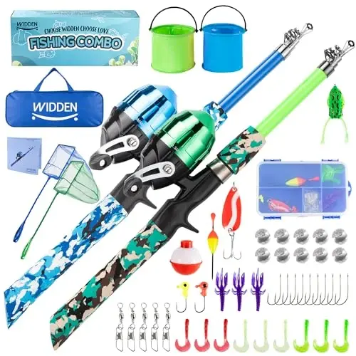 WIDDEN Kids Fishing Pole, Portable Telescopic Kids Fishing Poles for Boys and Girls, Fishing Rod and Reel Combo Kit with Tackle Box, and Fishing Net, Best Fishing Pole for Toddler Youth - WIDDEN