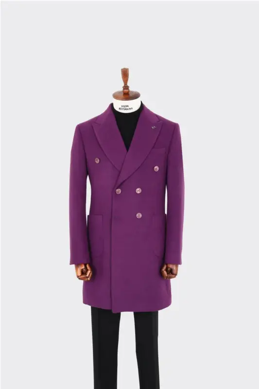 Wide Collar Men's Double-Breasted Coat - Modern Cut - kav7200w - Purple - 1