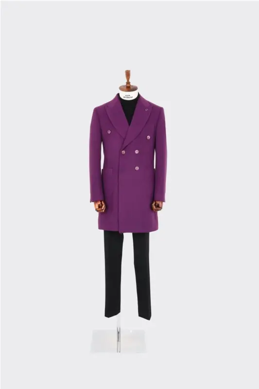 Wide Collar Men's Double-Breasted Coat - Modern Cut - kav7200w - Purple - 3