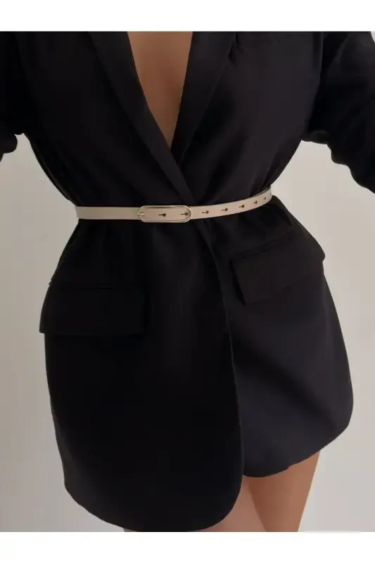 Wide Gold Buckle Thin Women's Belt, Jacket Belt, Dress Belt, Shirt Belt-BEIGE - FIORI