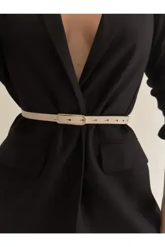 Wide Gold Buckle Thin Women's Belt, Jacket Belt, Dress Belt, Shirt Belt-BEIGE - 5