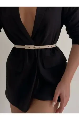 Wide Gold Buckle Thin Women's Belt, Jacket Belt, Dress Belt, Shirt Belt-BEIGE - 7