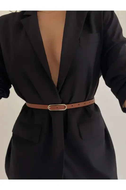 Wide Gold Buckle Thin Women's Belt, Jacket Belt, Dress Belt, Shirt Belt-TOBACCO - 1