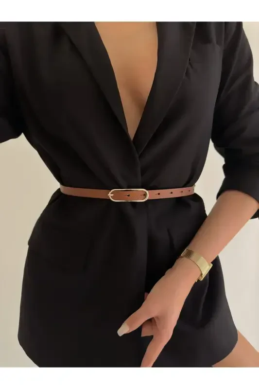 Wide Gold Buckle Thin Women's Belt, Jacket Belt, Dress Belt, Shirt Belt-TOBACCO - 5