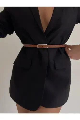 Wide Gold Buckle Thin Women's Belt, Jacket Belt, Dress Belt, Shirt Belt-TOBACCO - 6