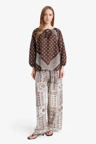 Wide Leg Cep Detaylı Geniş Paça Keten Karışımlı Desenli Pantolon-Ekru - 1