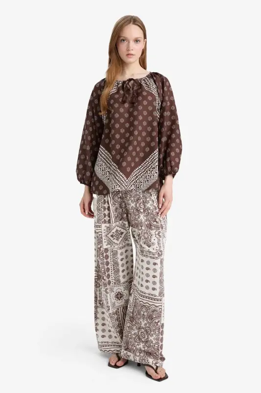 Wide Leg Cep Detaylı Geniş Paça Keten Karışımlı Desenli Pantolon-Ekru - 3