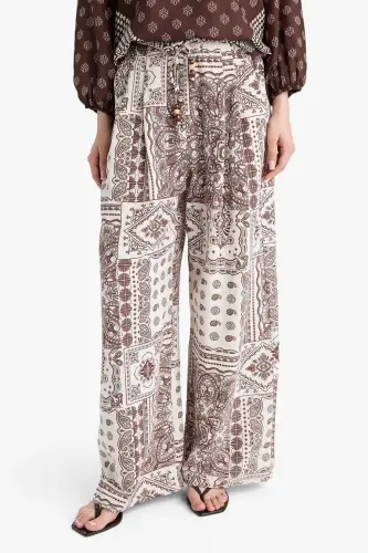 Wide Leg Cep Detaylı Geniş Paça Keten Karışımlı Desenli Pantolon-Ekru - 4
