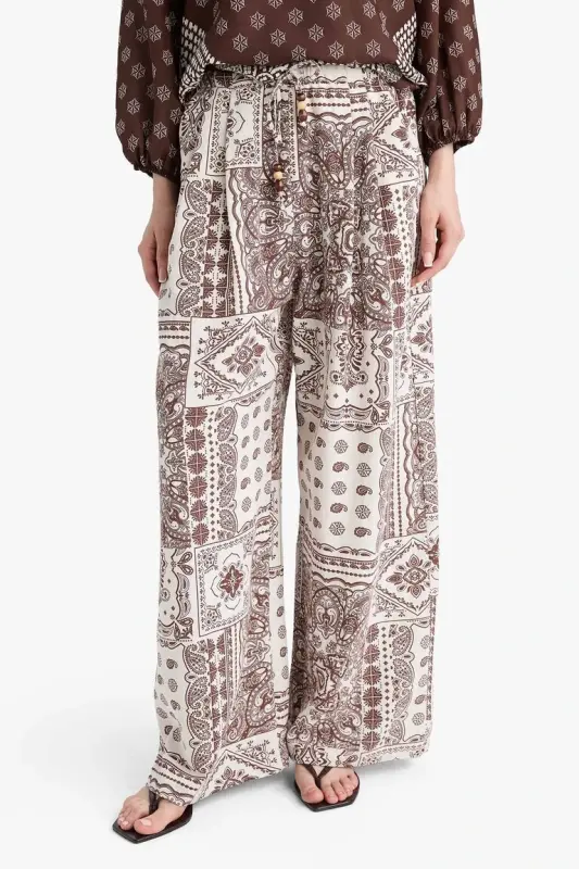 Wide Leg Cep Detaylı Geniş Paça Keten Karışımlı Desenli Pantolon-Ekru - 4
