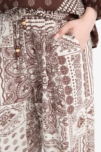 Wide Leg Cep Detaylı Geniş Paça Keten Karışımlı Desenli Pantolon-Ekru - 5