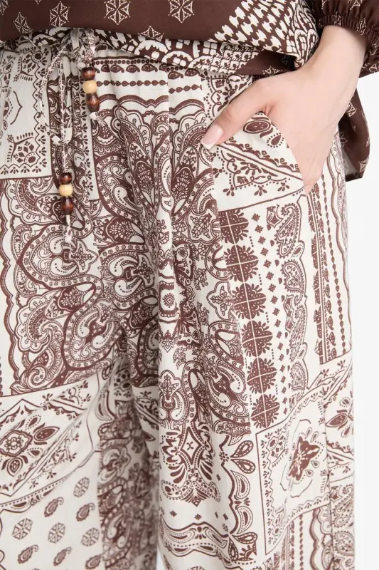 Wide Leg Cep Detaylı Geniş Paça Keten Karışımlı Desenli Pantolon-Ekru - 5