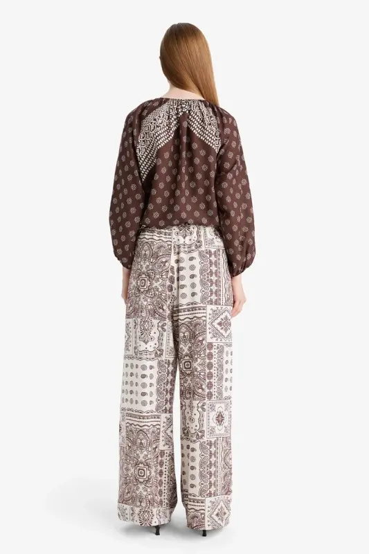 Wide Leg Cep Detaylı Geniş Paça Keten Karışımlı Desenli Pantolon-Ekru - 6