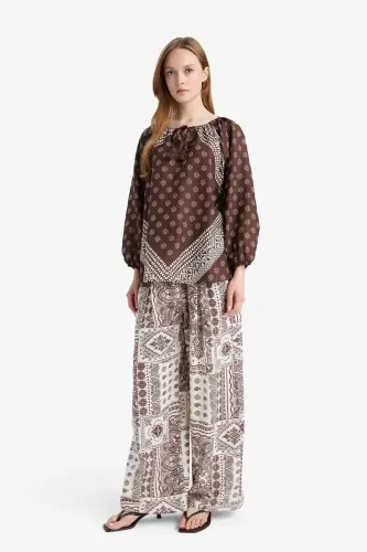 Wide Leg Cep Detaylı Geniş Paça Keten Karışımlı Desenli Pantolon-Ekru - DEFACTO (1)