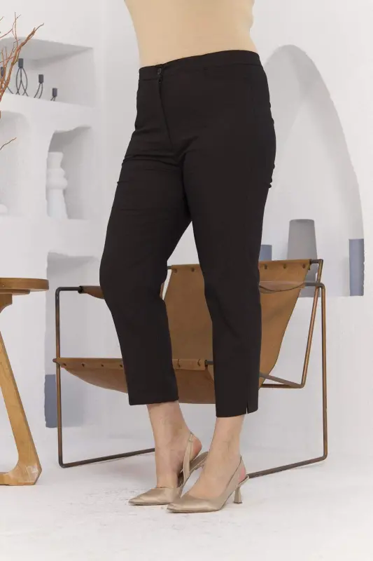 Wide Leg Coffee Fabric Plus Size Trousers with Slit Detail on the Wrist - 9