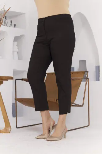 Wide Leg Coffee Fabric Plus Size Trousers with Slit Detail on the Wrist - 3
