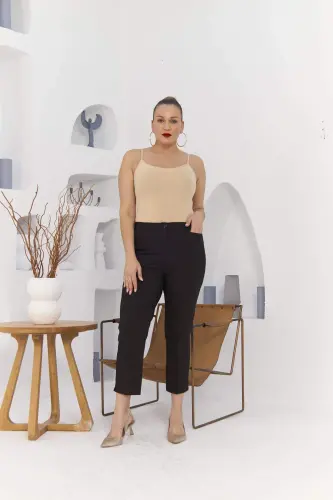 Wide Leg Coffee Fabric Plus Size Trousers with Slit Detail on the Wrist - 7