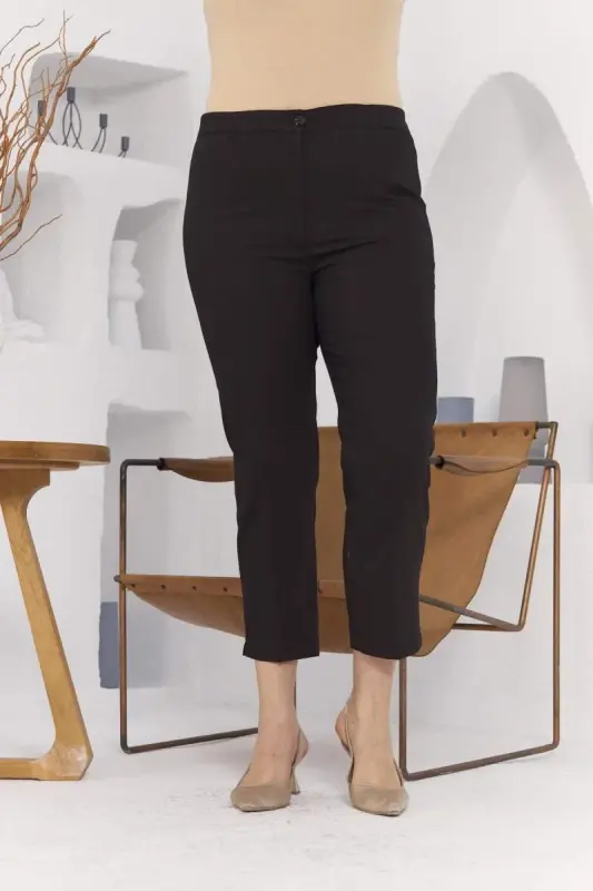 Wide Leg Coffee Fabric Plus Size Trousers with Slit Detail on the Wrist - 1