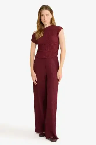 Wide Leg Crinkle Trousers-Burgundy - 3