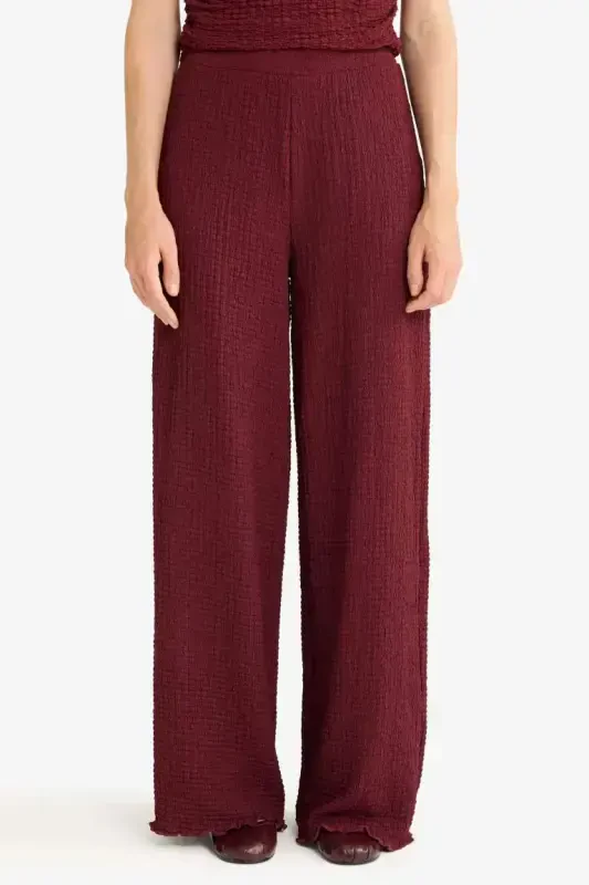 Wide Leg Crinkle Trousers-Burgundy - 5