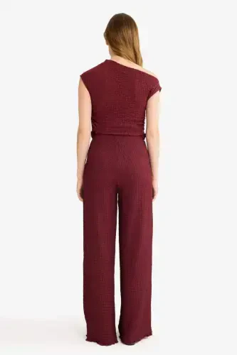 Wide Leg Crinkle Trousers-Burgundy - 7