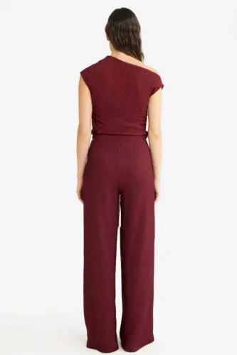 Wide Leg Crinkle Trousers-Burgundy - 7